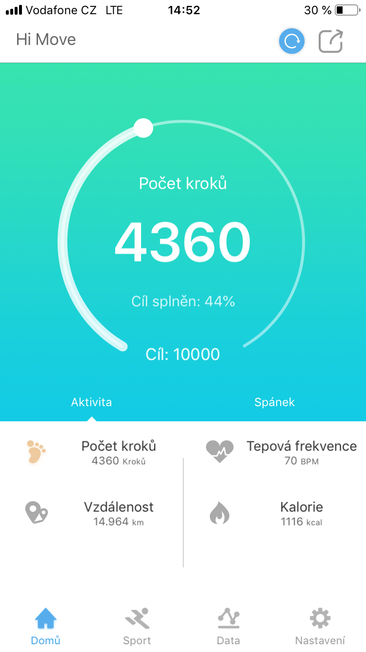 Základní obrazovka aplikace Hi Move.