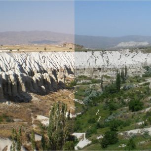 srovnání červnové a zářijové krajiny "Bílého údolí" Kapadokye