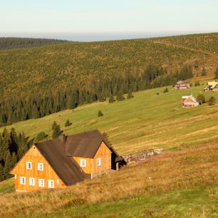 Pastevectví je dodnes partné. Louka nad Klínovým potokem a krkonošské roubenky.