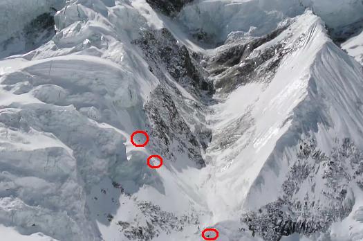 Červená kolečka představují horolezce, kteří jakko zázrakem nebyli vůbec zraněni