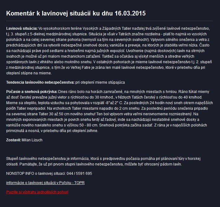 Ukázka podrobného komentáře k lavinové situaci na Slovensku