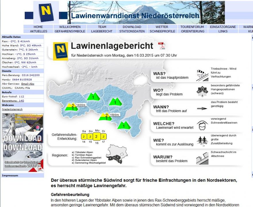 Ukázka lavinové předpovědi v Dolním Rakousku