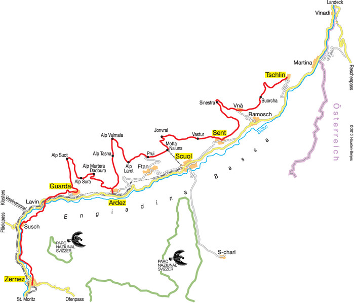 Mapa trasy Via Engadina dolním Engadinem