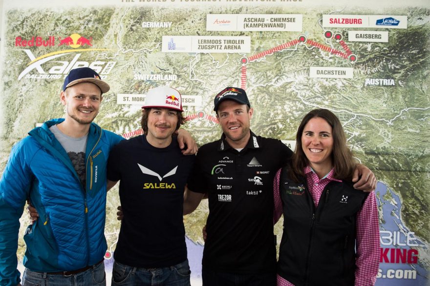 Představení trasy pro Red Bull X-Alps 2015, zleva Paul Guschlbauer, Aaron Durogati, Christian Maurer a Yvonne Dathe, foto Leo Rosas