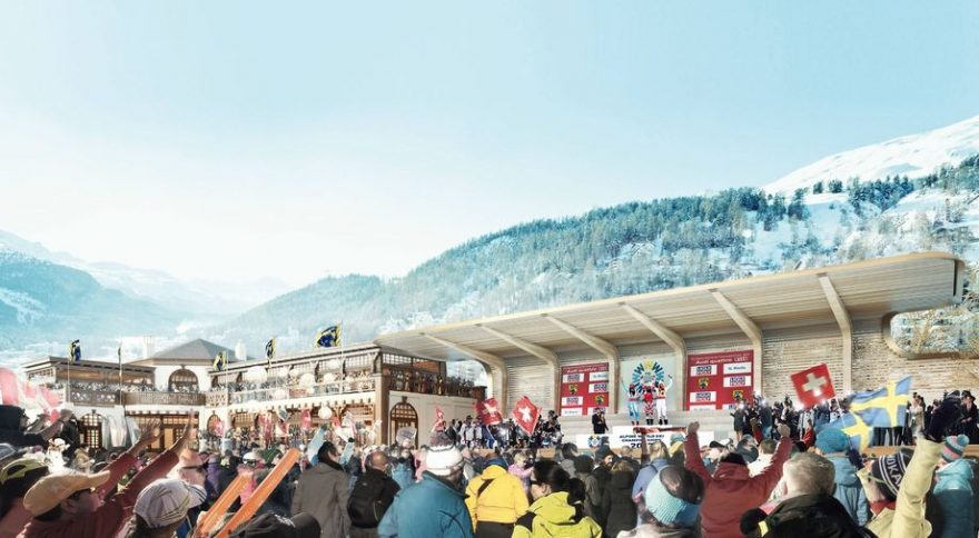 Vizualizace budoucí fanouškovské zóny, St. Moritz, Švýcarsko