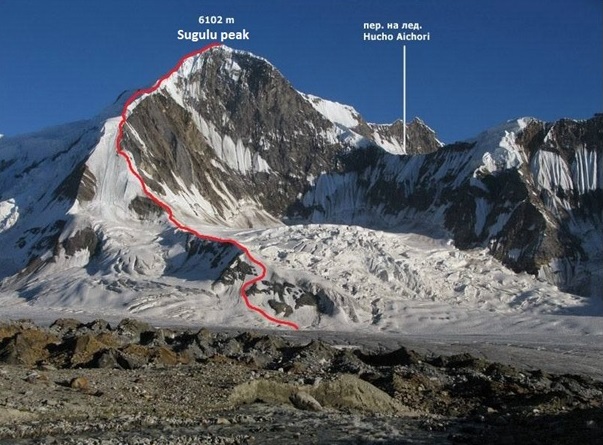 Plánovaná linie výstupu severním pilířem na Sugulu Peak, ze kterého je v plánu obhlídnout možnosti na sousední Alchori Sar